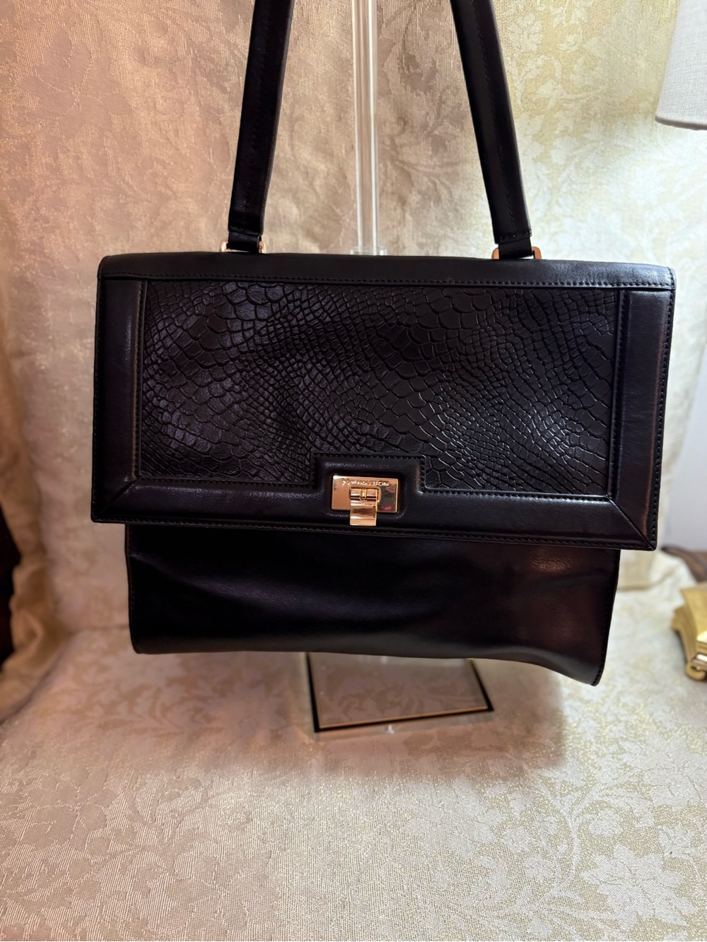 H by Halston Black Textured Leather Shoulder Bag